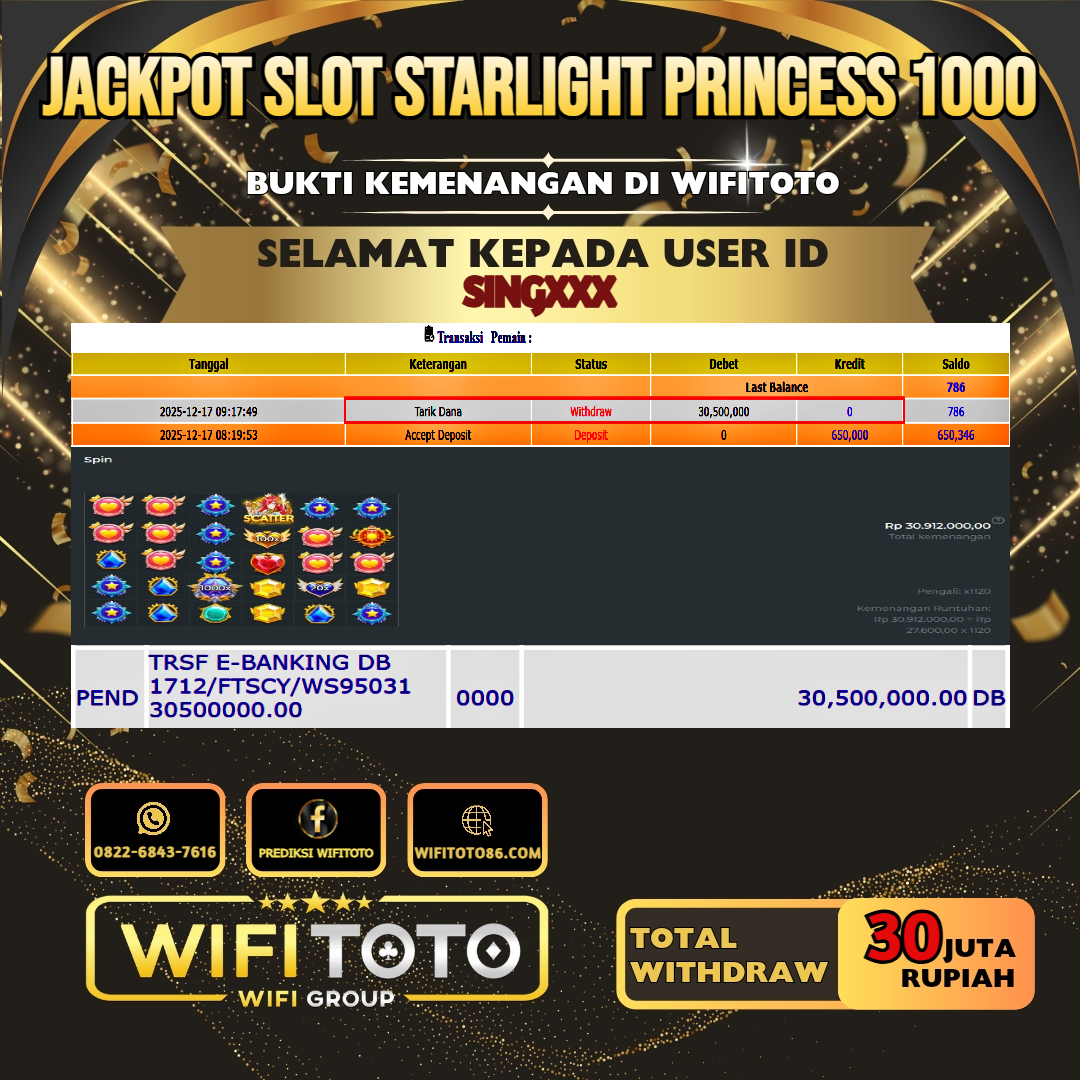 WIFITOTO JACKPOT SLOT STARLIGHT PRINCESS 1000 RP.30.000.000.,-LUNAS USER ID : SING***	