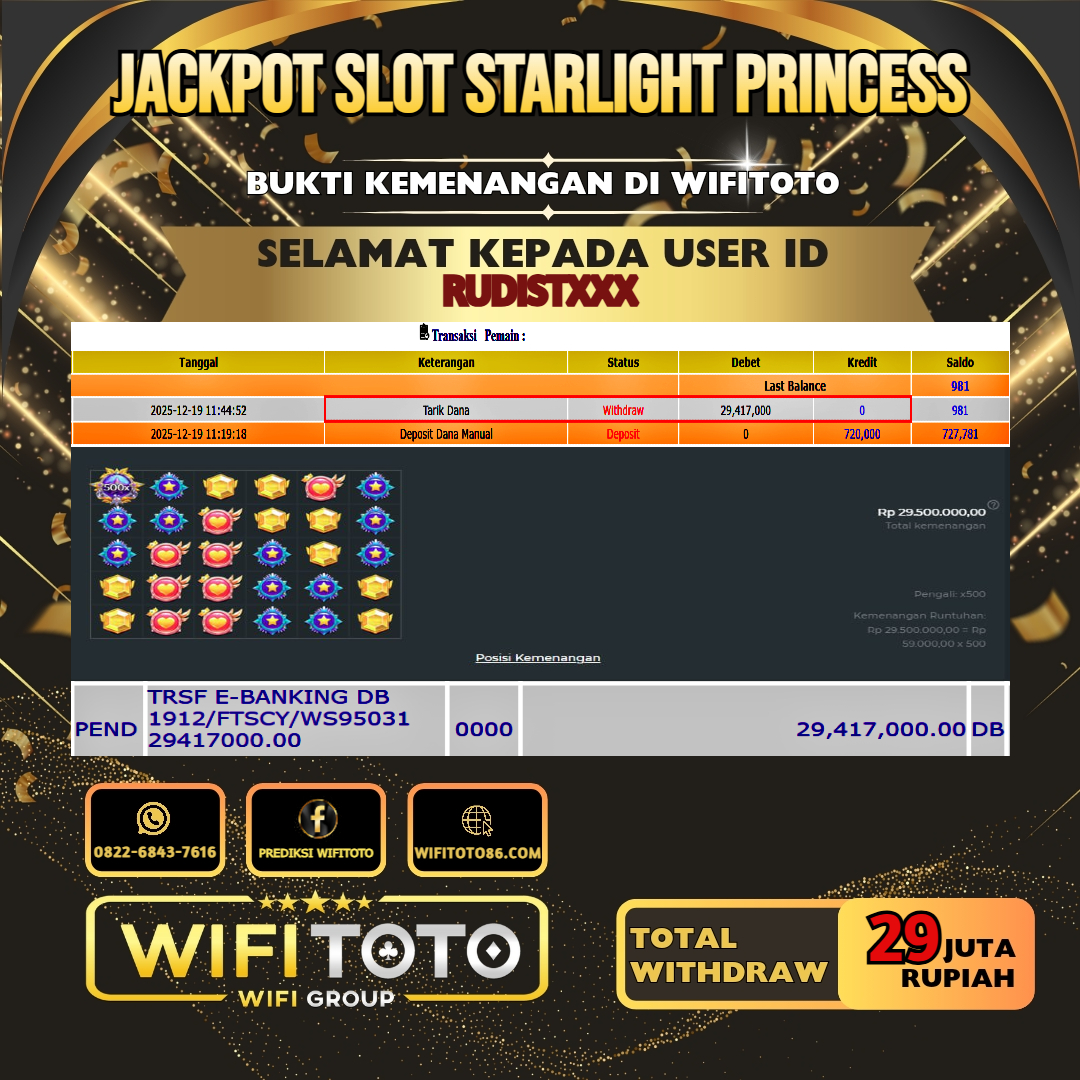 WIFITOTO JACKPOT SLOT STARLIGHT PRINCESS RP.29.000.000.,-LUNAS USER ID : RUDIST***	