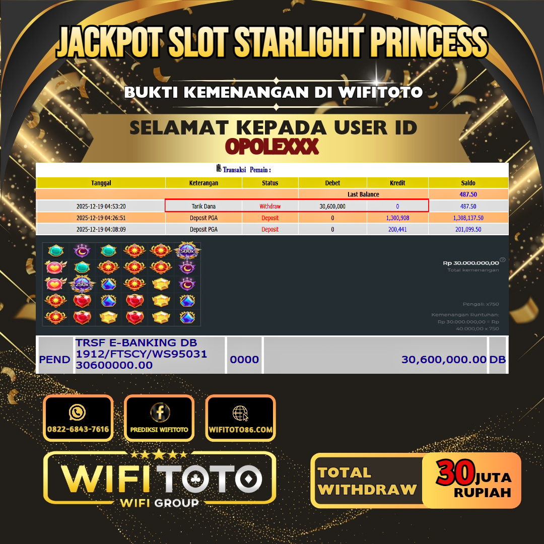WIFITOTO JACKPOT SLOT STARLIGHT PRINCESS RP.30.000.000.,-LUNAS USER ID : OPOLE***	