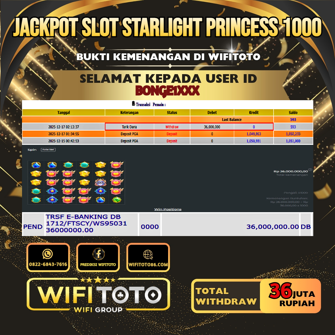 WIFITOTO JACKPOT SLOT STARLIGHT PRINCESS 1000 RP.36.000.000.,-LUNAS USER ID : BONGE1***	